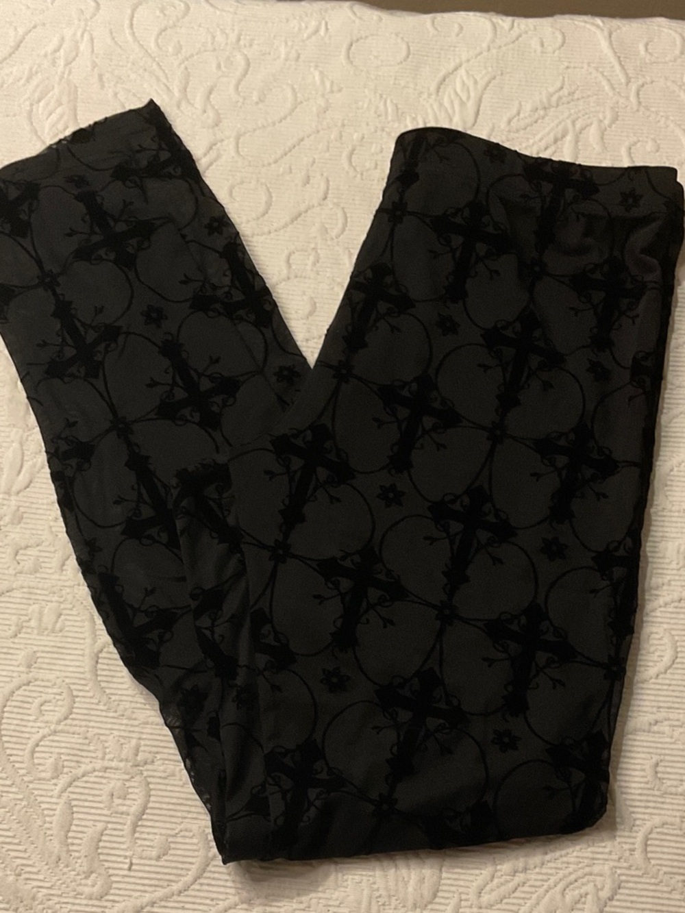 Black Patterned Sheer Leggings Cross Design. NIOP. Large- Listing as A Medium.